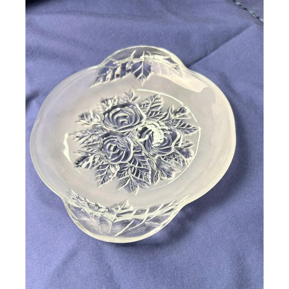 Vintage KIG Crystal Frosted Rose Embossed Glass 8.5